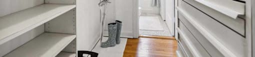 a large walk in closet with white shelves and a door at The Bryant at Oak Park I & II, Oak Park, 60302