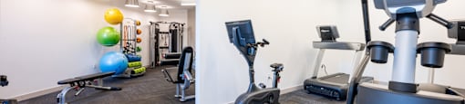 A gym with a variety of equipment including treadmills, exercise balls, and weight machines.