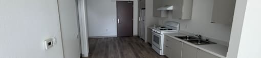 Living room view of kitchen and entry door.