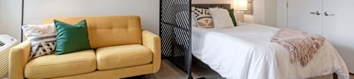 a bedroom with a bed and a couch