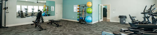 An apartment gym with weights.