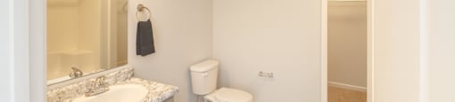 A bathroom with a toilet, sink, and mirror.