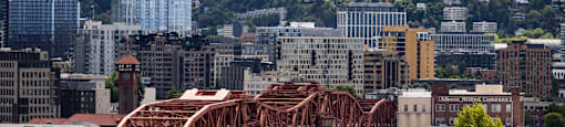 a bridge over a city with mountains in the background at Analog PDX Apartments, Portland, OR