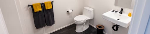 a bathroom with a toilet and a sink and a mirror at Analog PDX, Oregon
