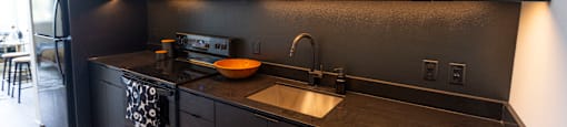 a kitchen with black cabinets and stainless steel appliances and a sink at Analog PDX Apartments, Oregon 97227