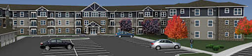 A car is parked in a parking lot in front of a building.