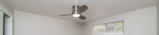 Bedroom with a ceiling fan and plush carpeting