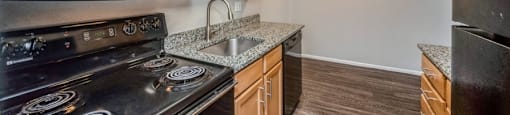 Plenty of counter space and rich wood-like flooring