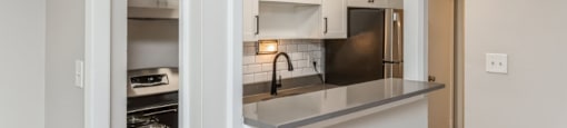 Renovated open kitchen with a breakfast bar at 1303 Columbine in Denver, CO