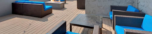 Several sitting areas on the rooftop deck at 136 S. Penn