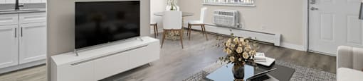 Smart open-concept layout connects living and dining with bright windows and stylish finishes at 1303 Columbine in Denver, CO