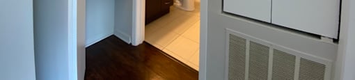 Conveniently located bathroom with linen closet