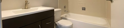 Bathroom with vanity storage and a full tub