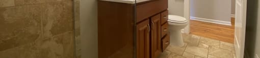 Bathroom with nice glass shower and vanity storage - 2 Bedroom