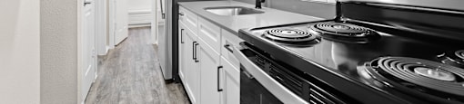 Sleek galley kitchen with stainless steel appliances, subway tile backsplash, and bright finishes at 1303 Columbine in Denver, CO
