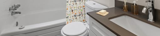 Charming full bathroom with updated fixtures and cheerful design touches at 1303 Columbine in Denver, CO