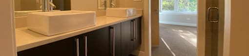 Bathroom with double sinks and vanity storage