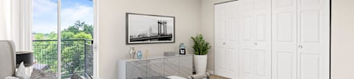 A bedroom with a large bed and a painting of a bridge on the wall  at 4805 E Kentucky in Denver, CO
