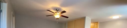 Nice hardwood flooring and a ceiling fan in the living area - Two Bedroom