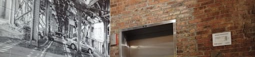 Fun mural on wall by the elevator at Carriage House Lofts, Chicago, 60605