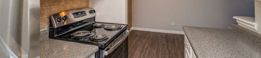 White cabinets and wood-like plank flooring