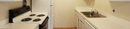 a kitchen with a stove and a sink and a refrigerator