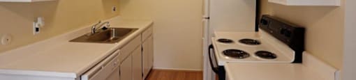 a kitchen with a stove and a sink and a refrigerator