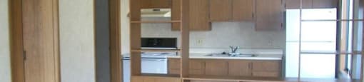 A kitchen with wooden cabinets and a countertop.