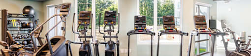 a gym with various cardio equipment and windows