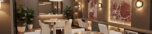 A modern dining room with a large table and chairs.
