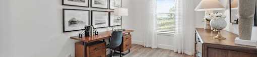 A room with a desk, chair, and pictures on the wall.