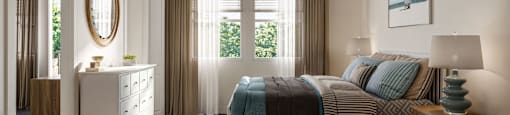 A bedroom with a bed, dresser, and window with curtains.