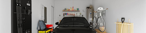 A black car is parked in a garage with a bicycle hanging from the ceiling.