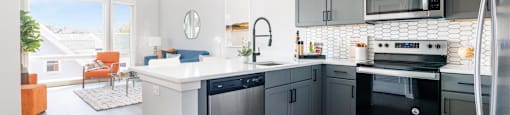 a kitchen with stainless steel appliances and a white counter top