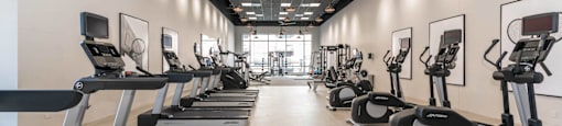 A gym with treadmills and elliptical machines.