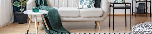 A living room with a white couch, a green throw, and a potted plant.
