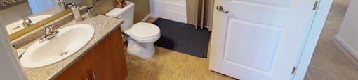 Bathroom with sink, toilet, shower and tub; bedroom and hallway access