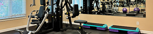a gym with exercise equipment and a mirror