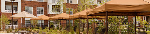 Chairs and umbrellas around pool