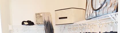 Walk-in closet with racks with hangers; top shelf for storage