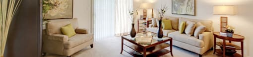 Living room with sofa and chair; door to patio or balcony