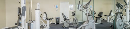 a gym with cardio equipment and mirrors in a building
