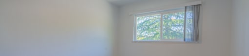 A room with a ceiling fan and a window.