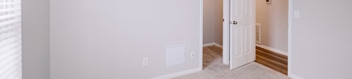 A room with a white door and carpeted floor.