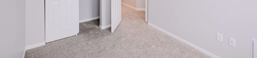 A white door is open to a hallway.