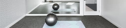 A room with a yoga mat and two exercise balls on the floor at The Port at East Beach Apartments and Marina in Norfolk, VA, 23518