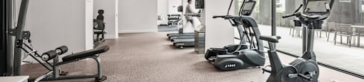 A gym with a variety of equipment including treadmills, stationary bikes, and weight machines.