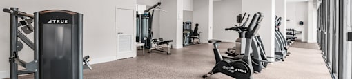 A gym with a variety of equipment including treadmills, stationary bikes, and weight machines.