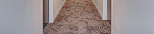A long hallway with a carpeted floor and white walls.