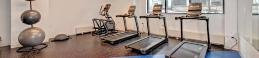 A gym with treadmills and exercise balls.